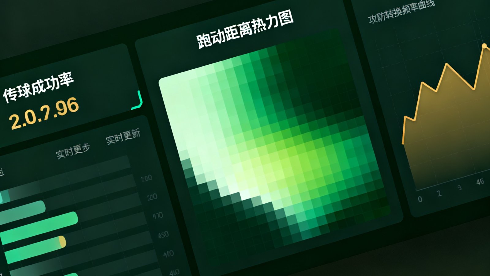 一个数据可视化仪表盘界面截图，展示实时更新的传球成功率、跑动距离热力图和攻防转换频率曲线，配色为深绿和暖金色。